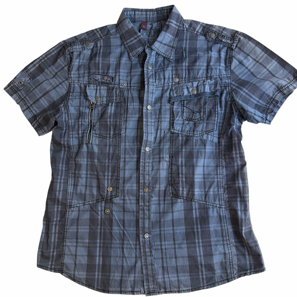 Y2K FUSAI Focus USA Shirt Men XL Zippers Pockets Patches Blue Plaid Rockabilly
